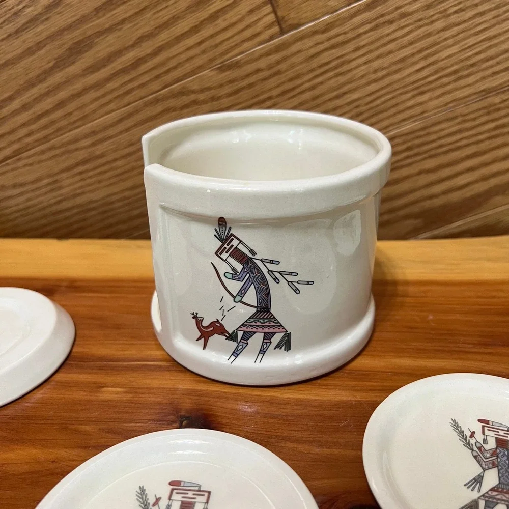 Vtg‎ Signed Handcrafted Southwestern Pottery Coaster Set 8 Pieces Matching Crock